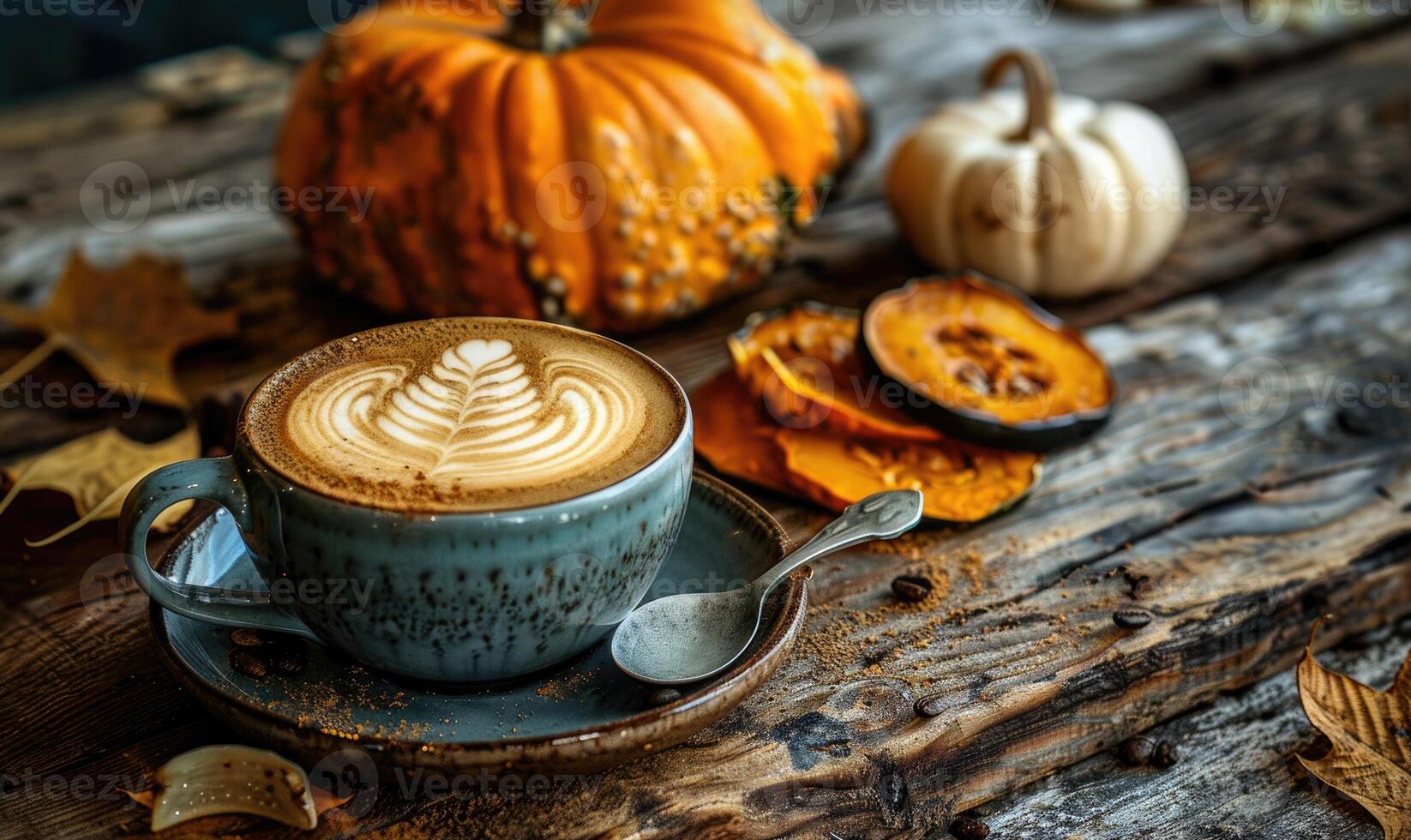 A cappuccino with a side of pumpkin slices photo
