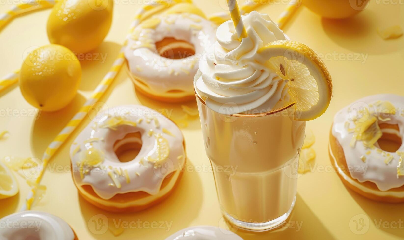 An image of lemon-glazed donuts on a light yellow background photo