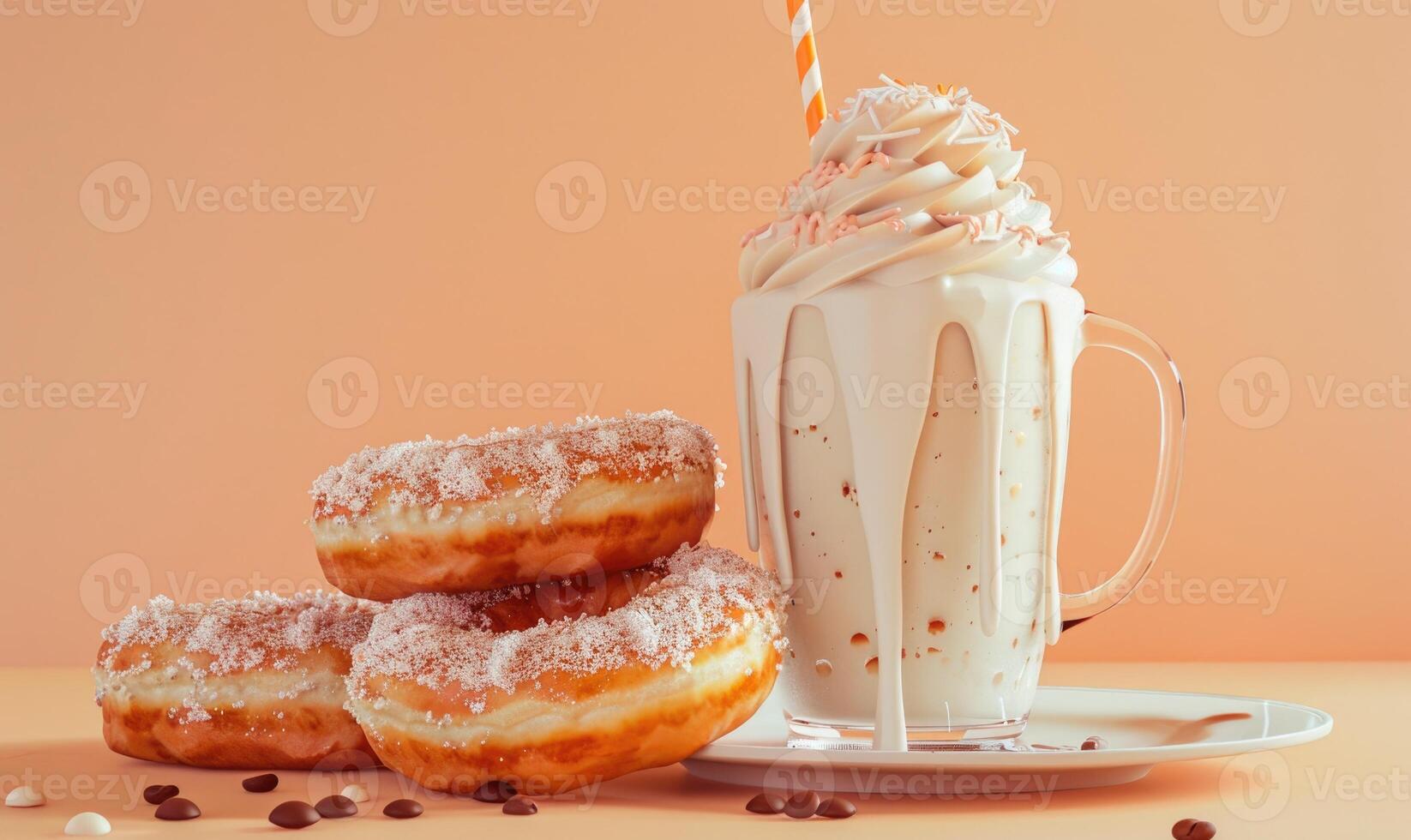 An image of Boston cream donuts on a pastel peach background, and a coffee milkshake with chocolate shavings photo