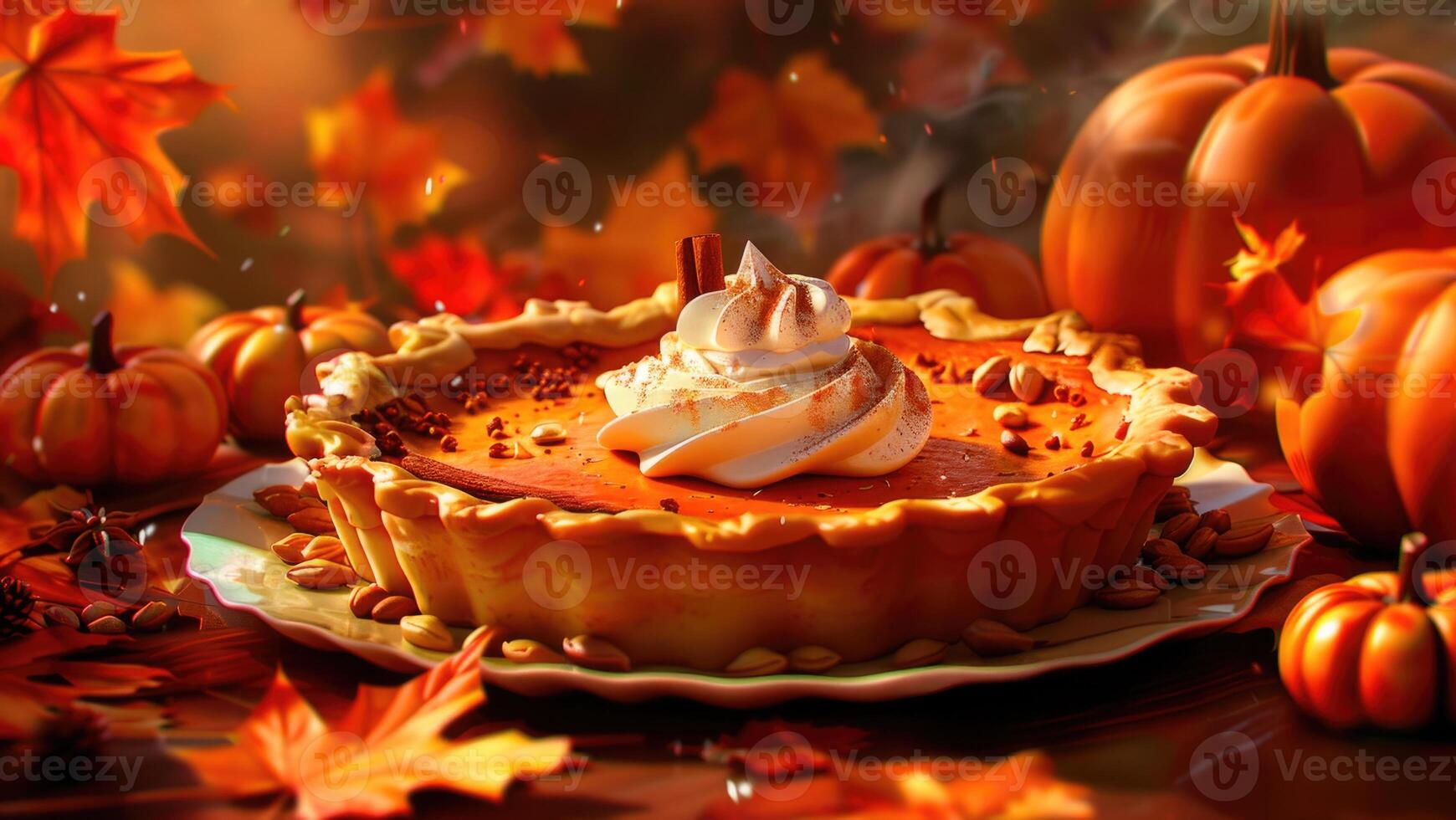 A pumpkin pie with a golden crust topped with a dollop of whipped cream and a sprinkle of cinnamon photo