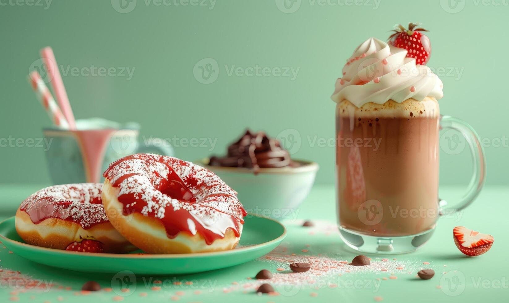 An image of donuts with a strawberry glaze on a pastel green background photo