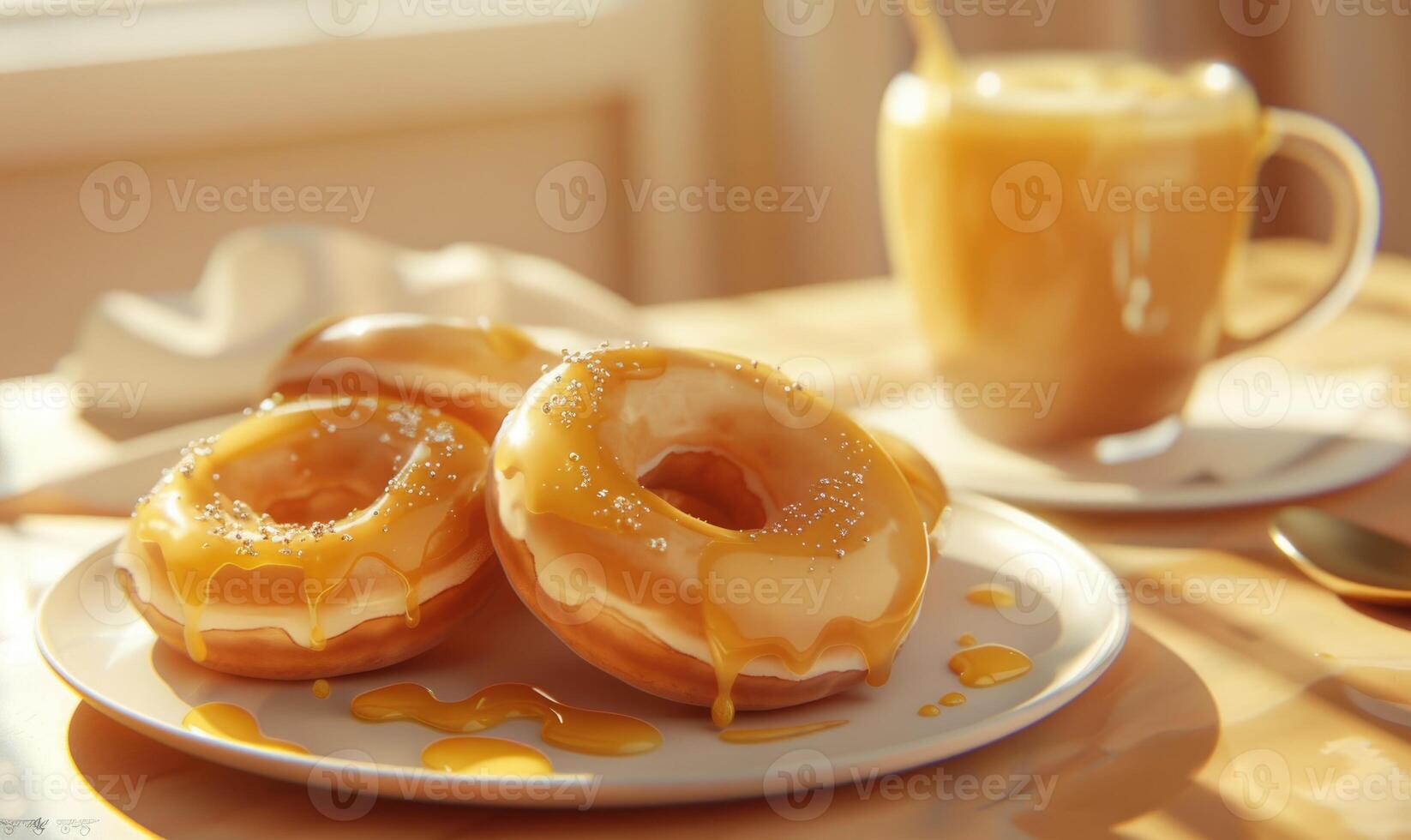 An image of honey-glazed donuts on a light gold background photo