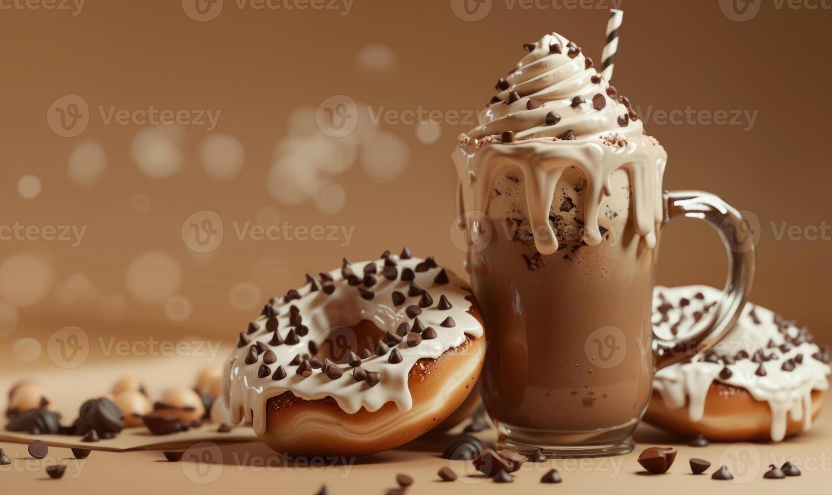 An image of chocolate chip donuts on a light brown background photo