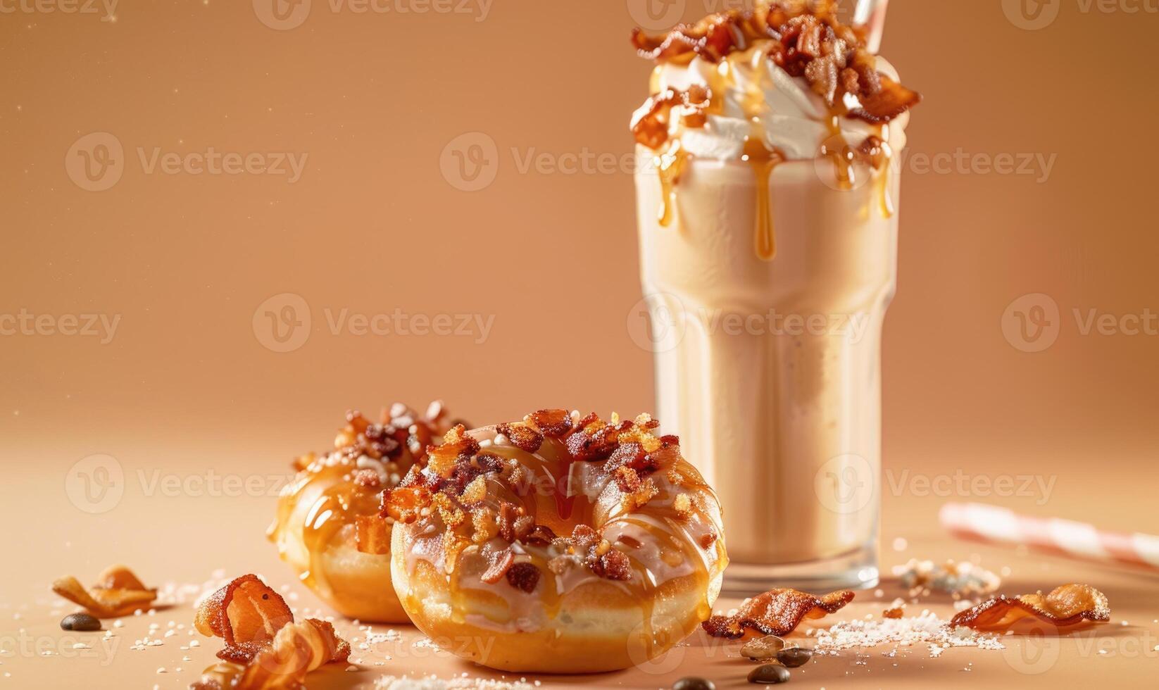 An image of maple bacon donuts on a light peach background photo