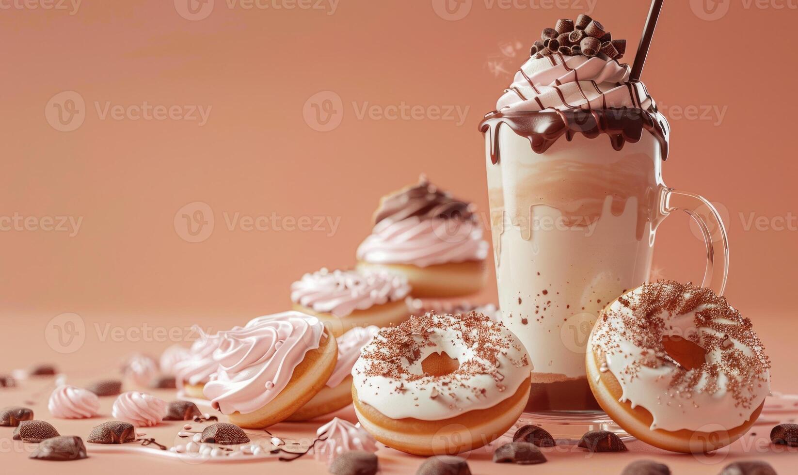 An image of Boston cream donuts on a pastel peach background, and a coffee milkshake with chocolate shavings photo