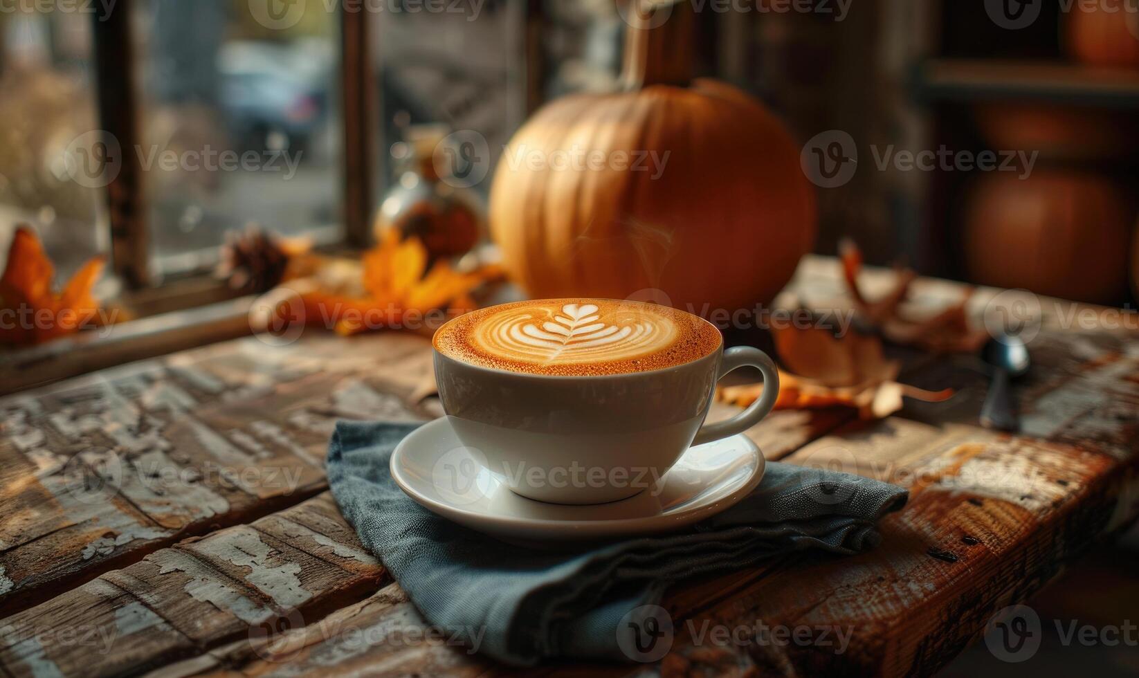 A latte art coffee with a pumpkin in the background photo