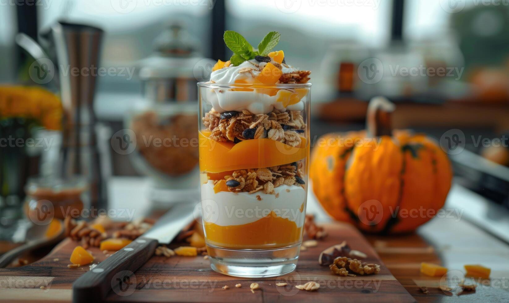 A pumpkin parfait with layers of pumpkin puree, yogurt and granola photo