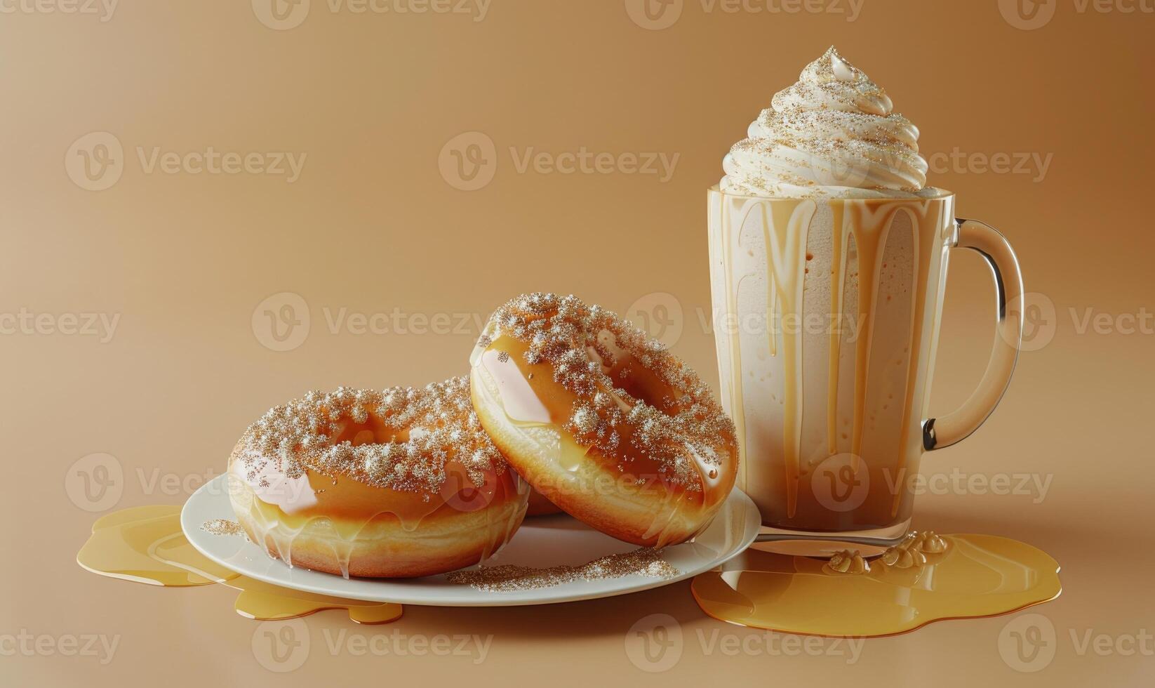 An image of honey-glazed donuts on a light gold background photo