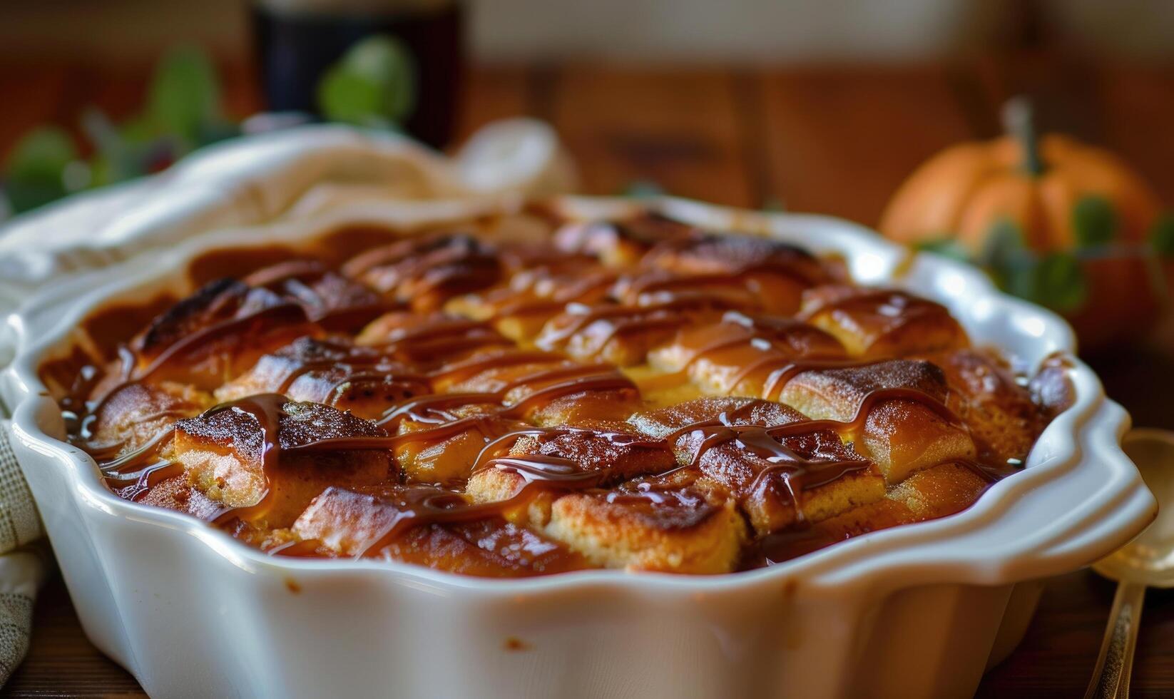 A pumpkin bread pudding with a caramel drizzle served in a baking dish photo