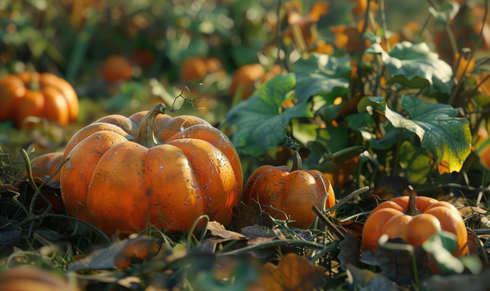A photorealistic close-up of a large pumpkin sitting on the soil photo