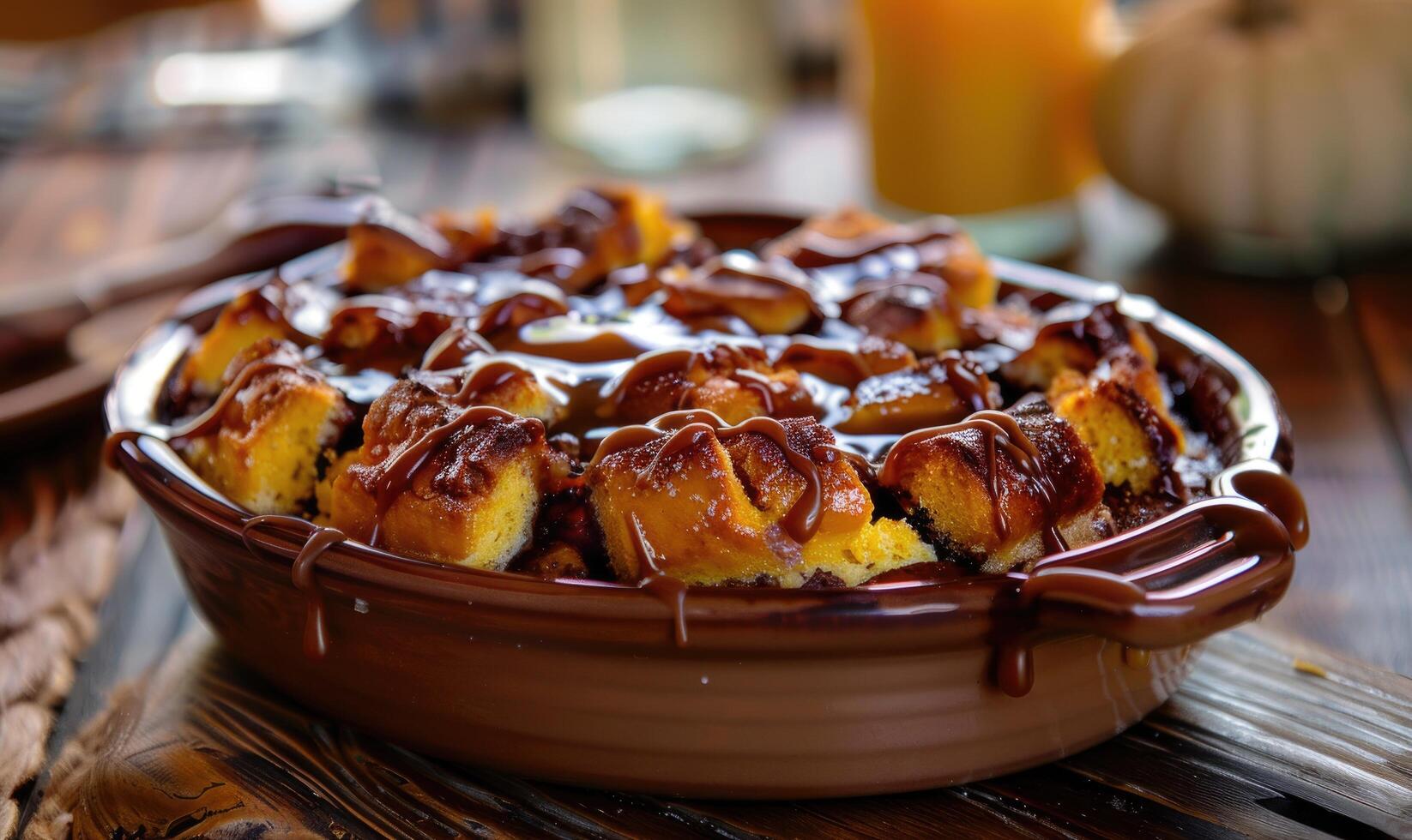 A pumpkin bread pudding with a caramel drizzle served in a baking dish photo
