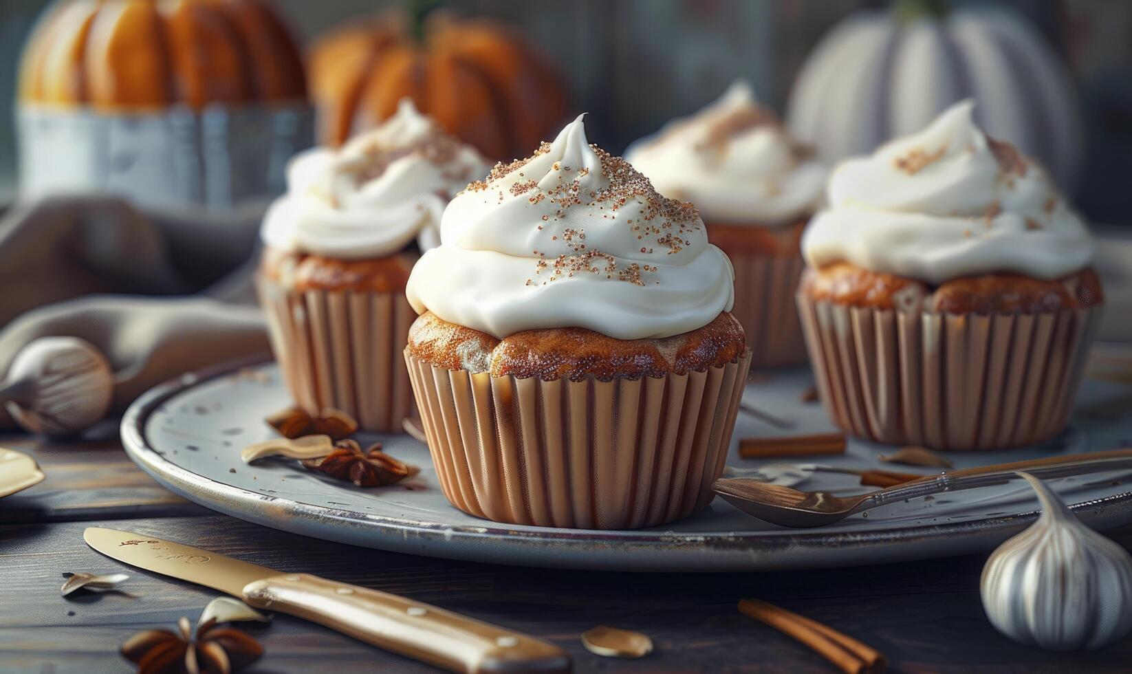 A photorealistic pumpkin muffins topped with cream cheese frosting photo