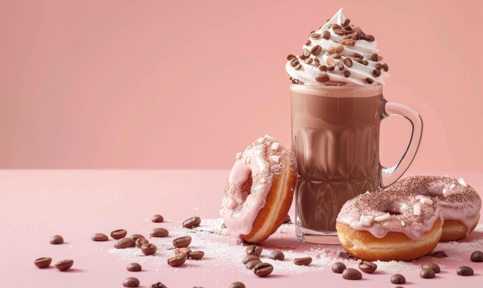 Strawberry glazed donuts and coffee cocktail in a glass photo