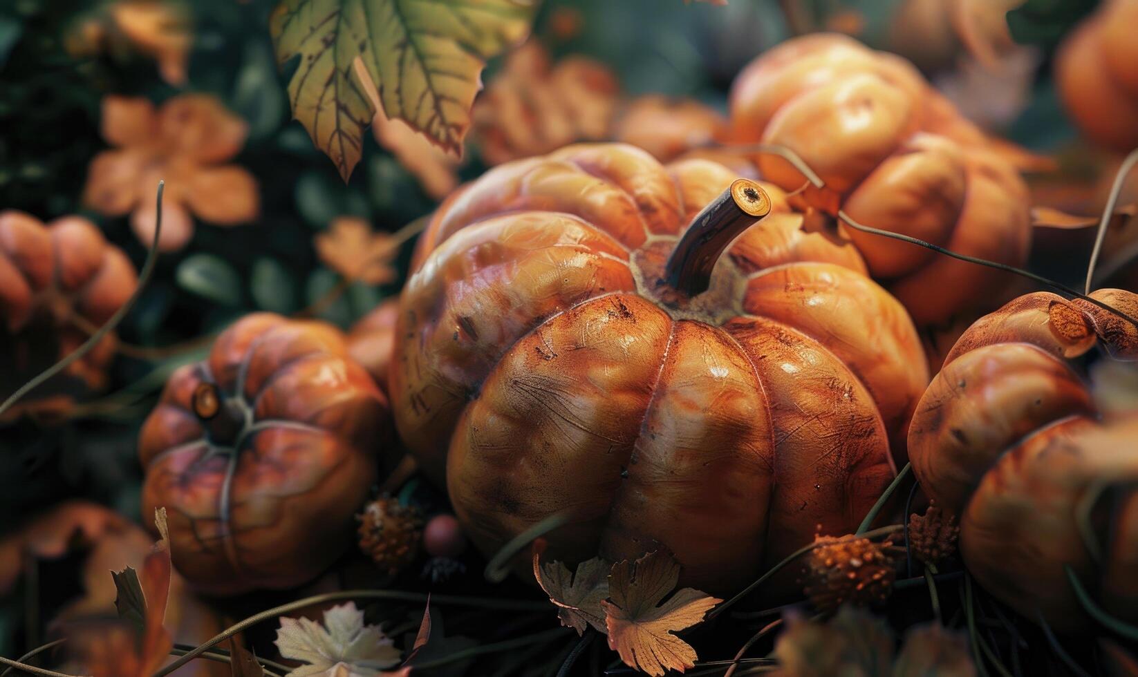 A photorealistic close-up of a cluster of pumpkins photo