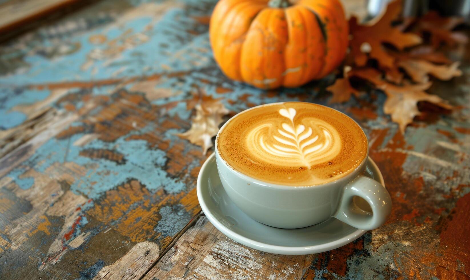 A latte art coffee with a pumpkin in the background photo