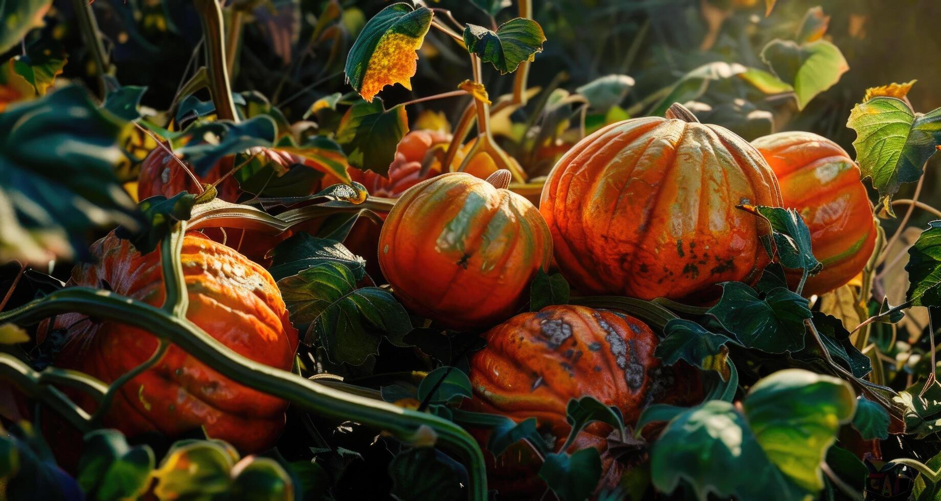 A close-up of a pumpkin vine with a focus on a single large pumpkin photo