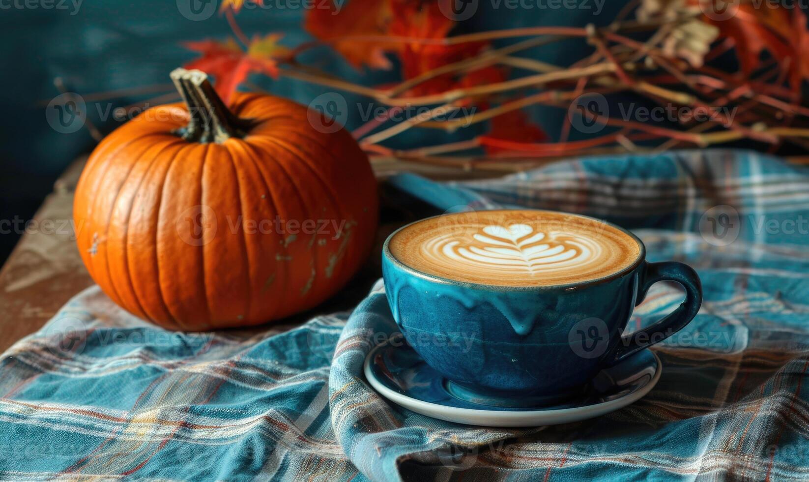 A latte art coffee with a pumpkin in the background photo