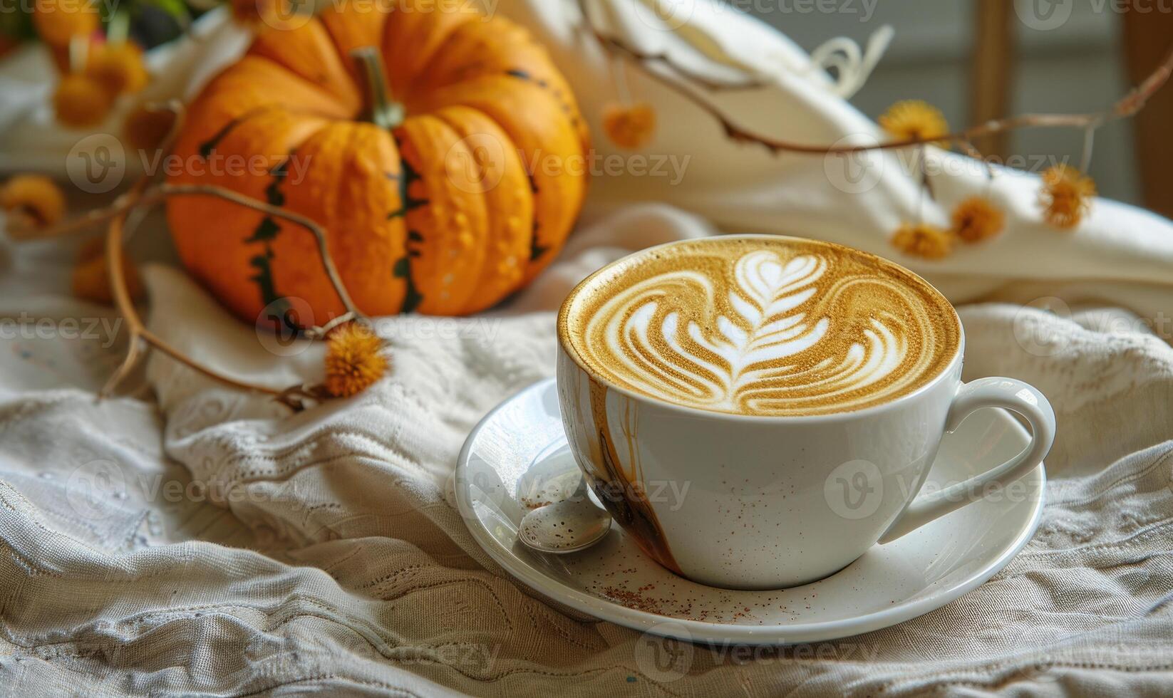 A latte art coffee with a pumpkin in the background photo