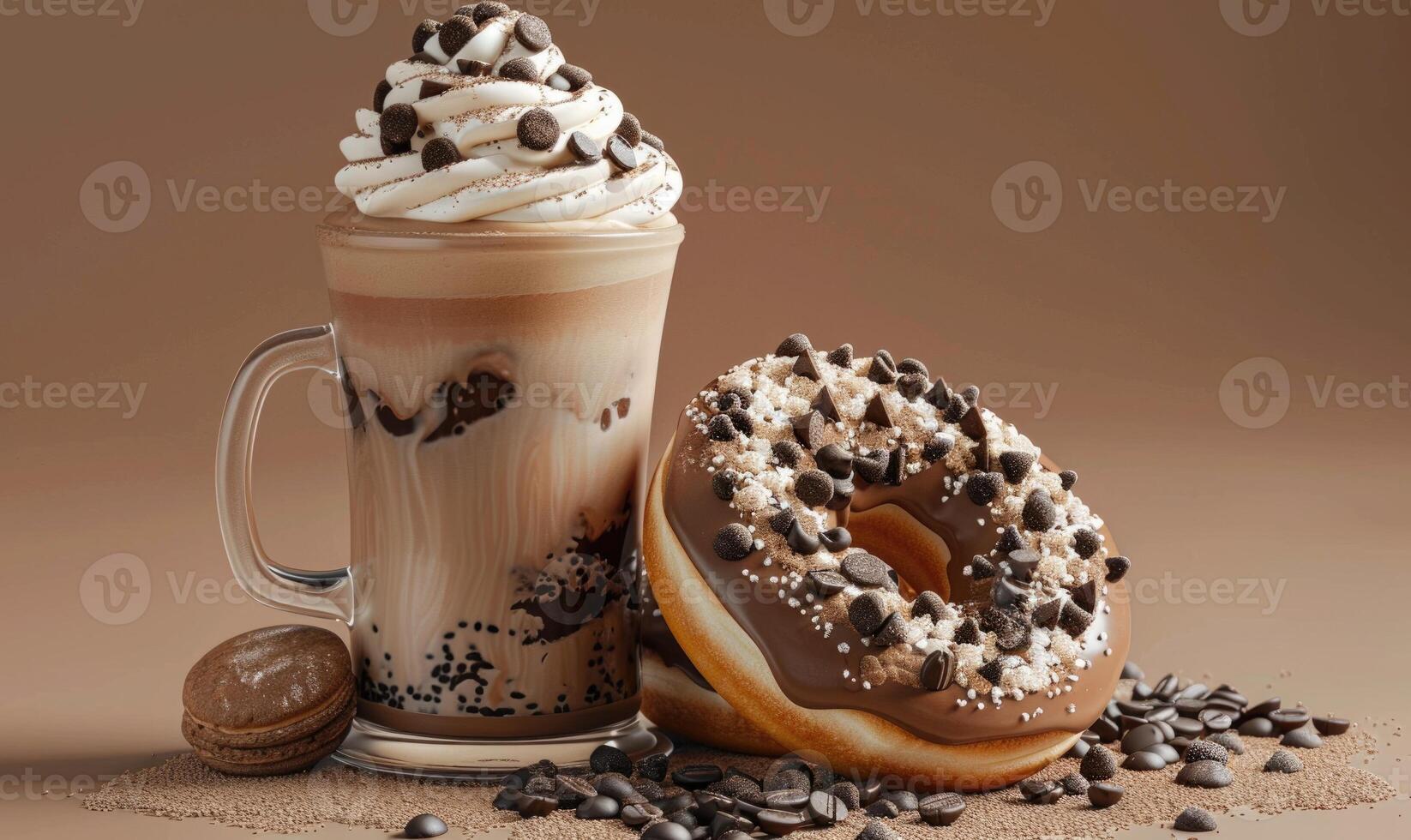 An image of chocolate chip donuts on a light brown background photo