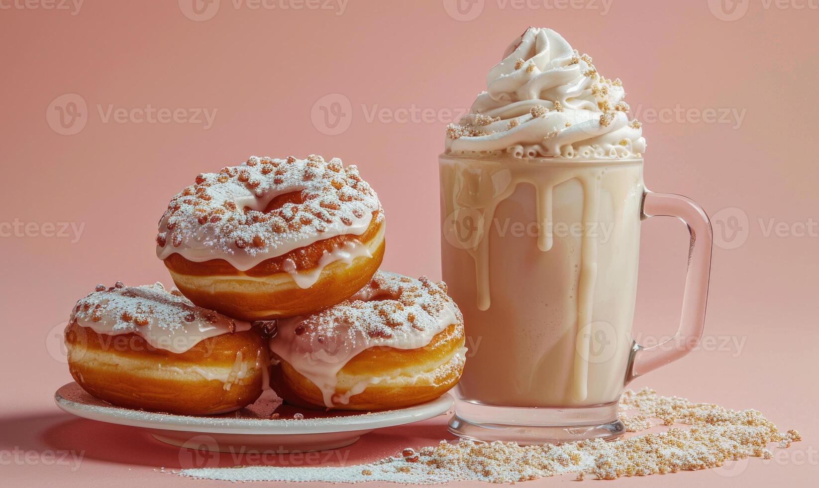 An image of Boston cream donuts on a pastel peach background, and a coffee milkshake with chocolate shavings photo