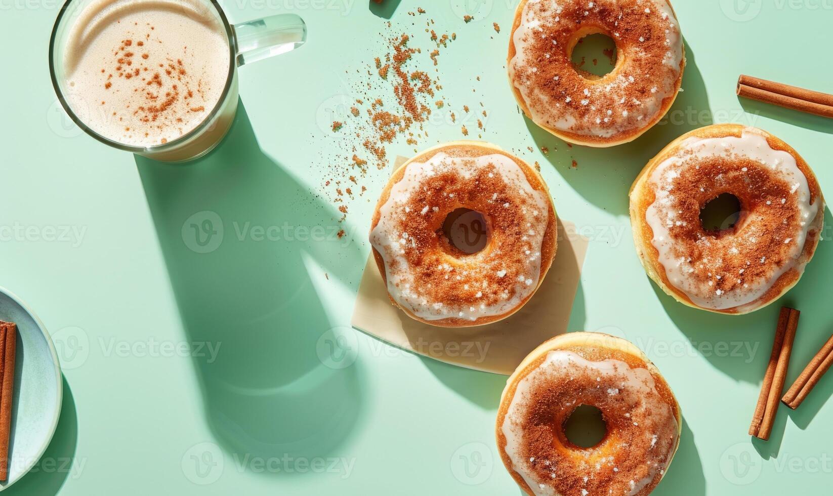 A photorealistic image of cinnamon apple donuts on a light green background photo