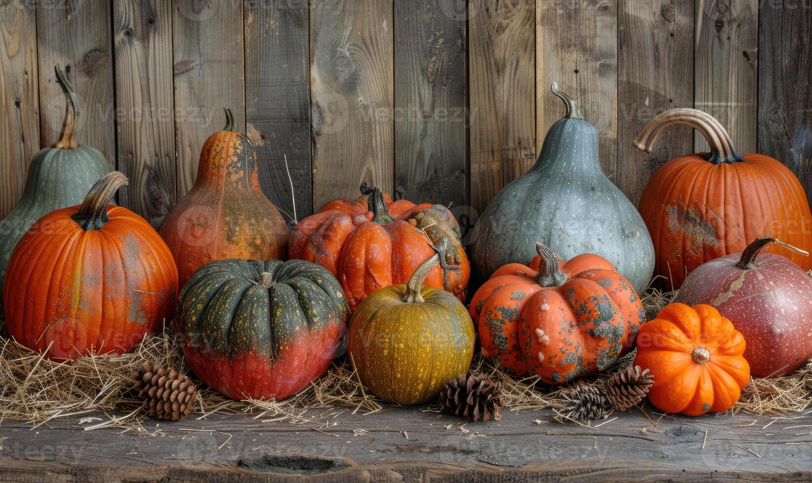 A collection of different-sized pumpkins and gourds arranged on a rustic wooden surface photo