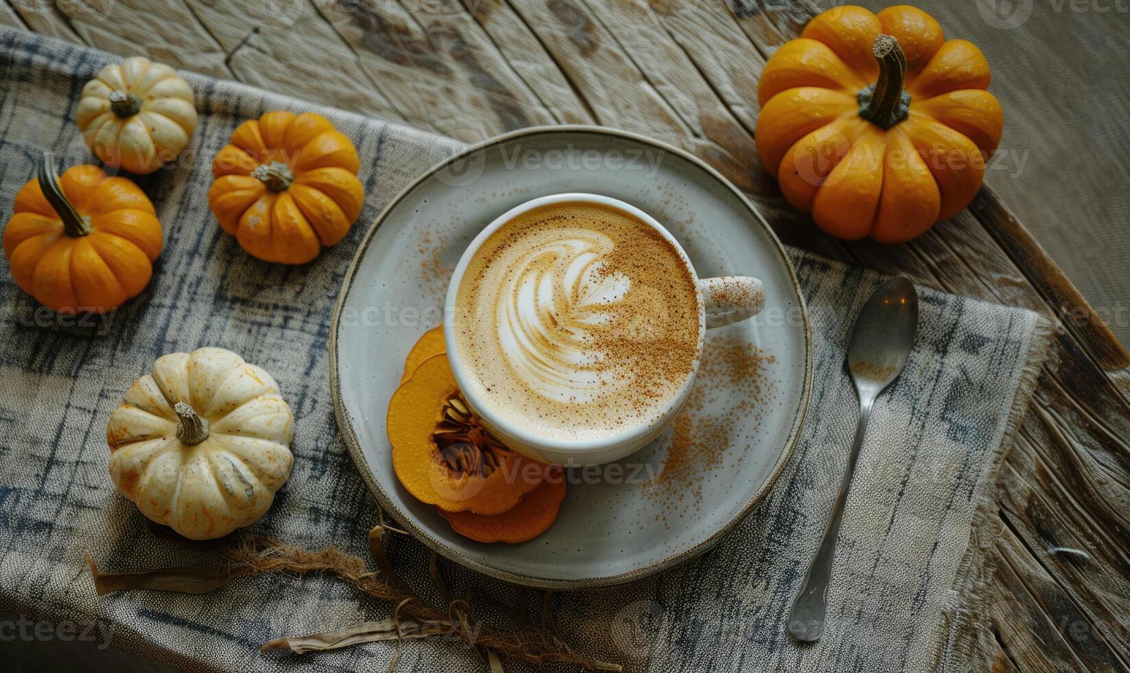 A cappuccino with a side of pumpkin slices photo