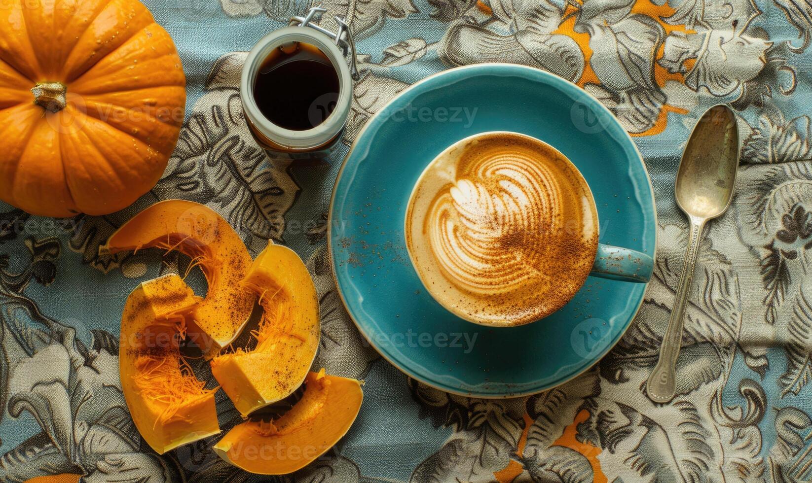 A cappuccino with pumpkin slices and a pumpkin spice syrup bottle photo