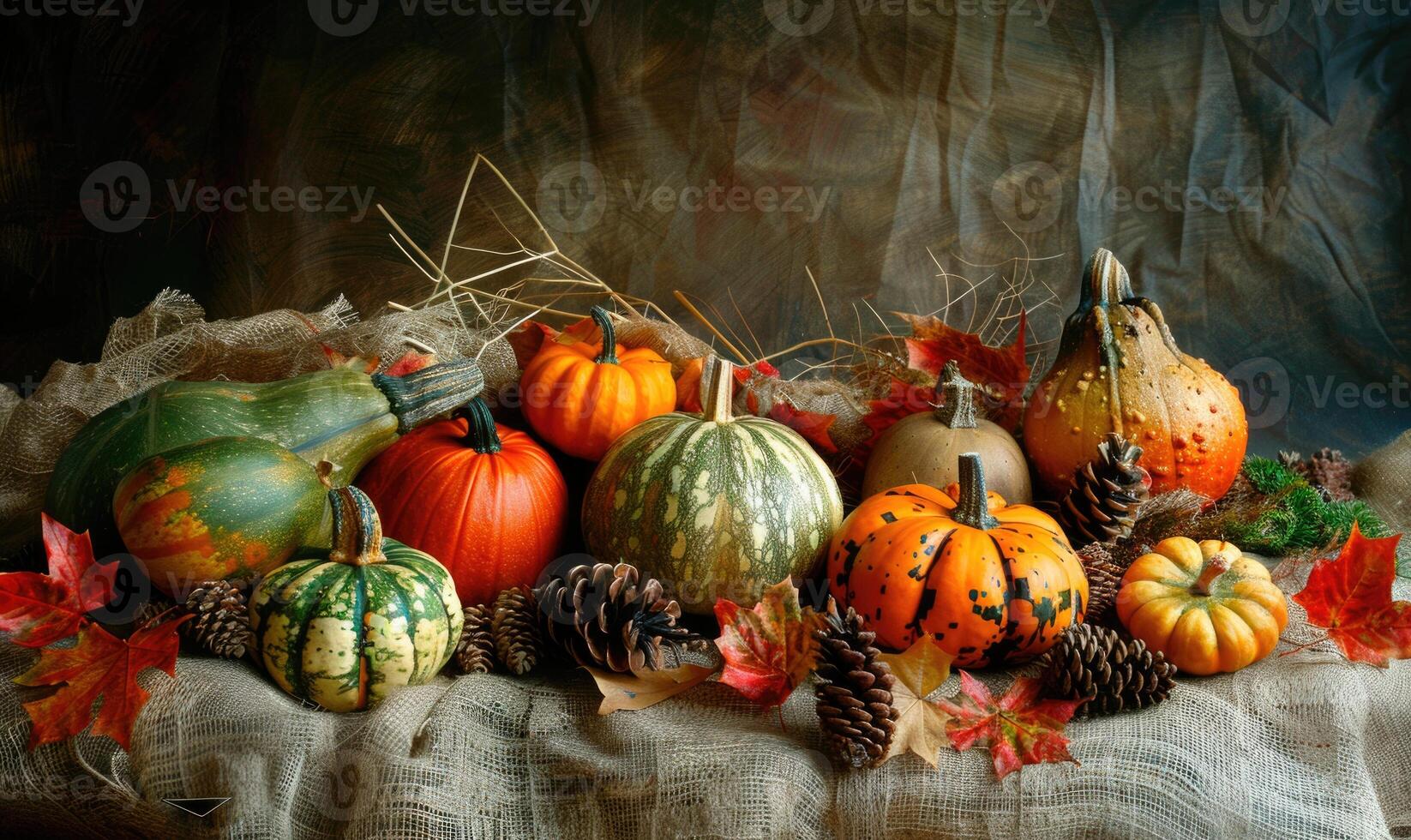 A collection of different-sized pumpkins and gourds arranged on a rustic wooden surface photo