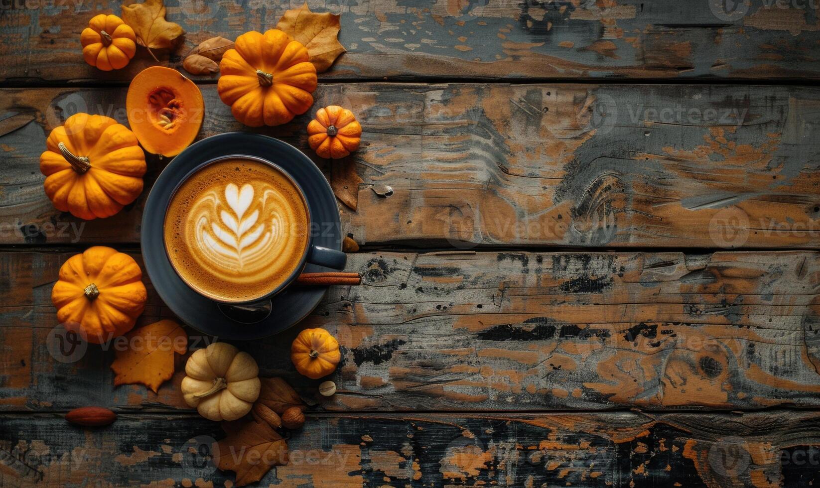 A cappuccino with pumpkin slices and small pumpkins photo
