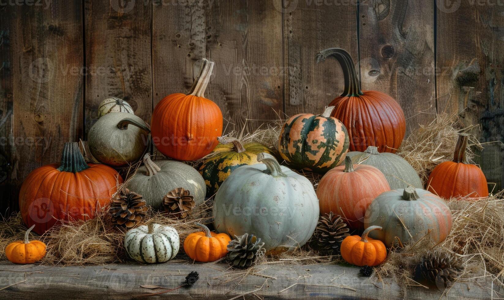A collection of different-sized pumpkins and gourds arranged on a rustic wooden surface photo