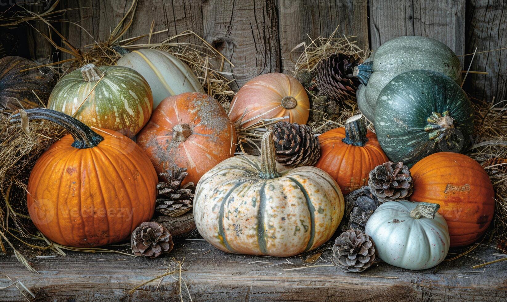 A collection of different-sized pumpkins and gourds arranged on a rustic wooden surface photo