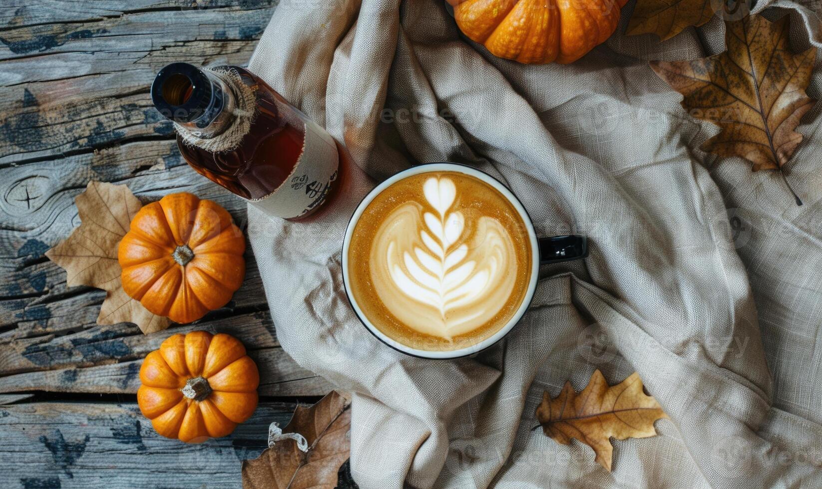 A latte art coffee with pumpkin slices and a pumpkin in the background photo