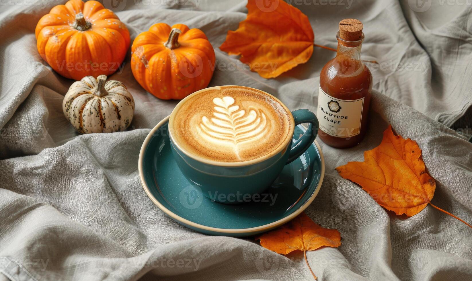 A latte art coffee with pumpkin slices and a pumpkin in the background photo