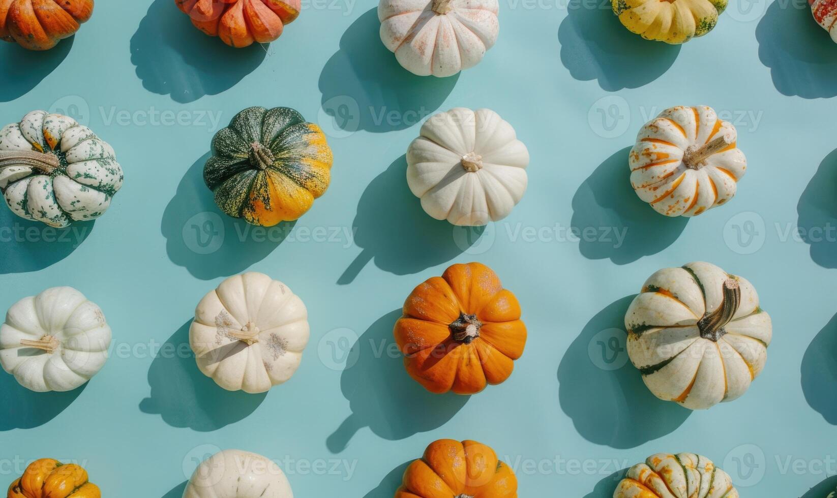 A variety of pumpkins on a pastel blue background photo