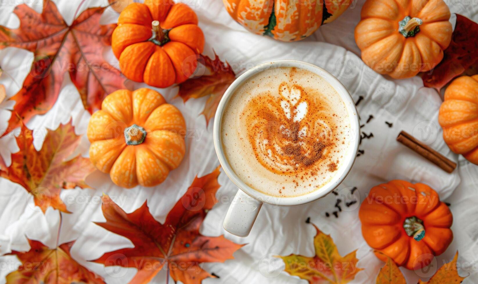 A warm pumpkin chai latte, topped with a sprinkle of cinnamon surrounded by small pumpkins and vibrant autumn leaves photo