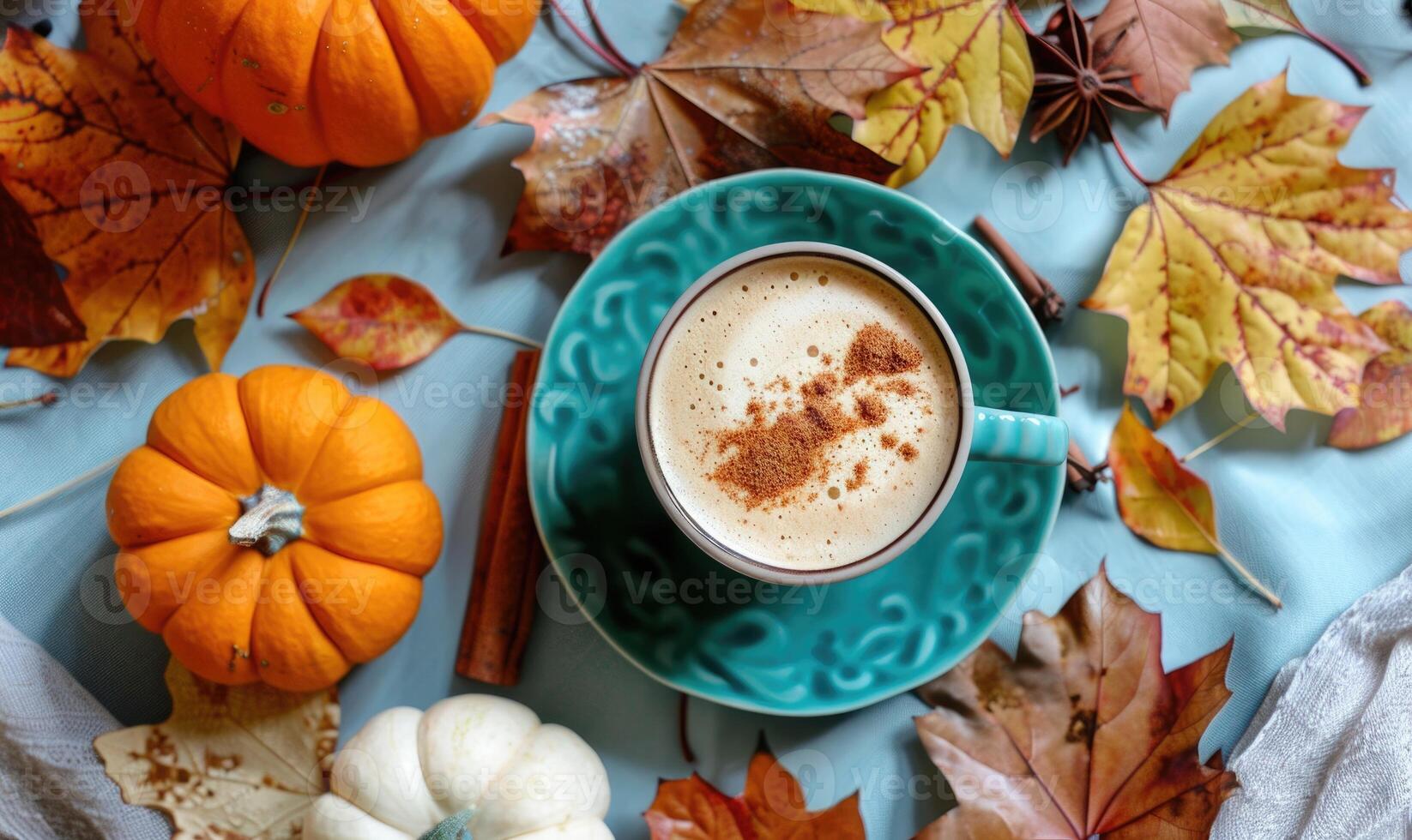 A warm pumpkin chai latte, topped with a sprinkle of cinnamon surrounded by small pumpkins and vibrant autumn leaves photo