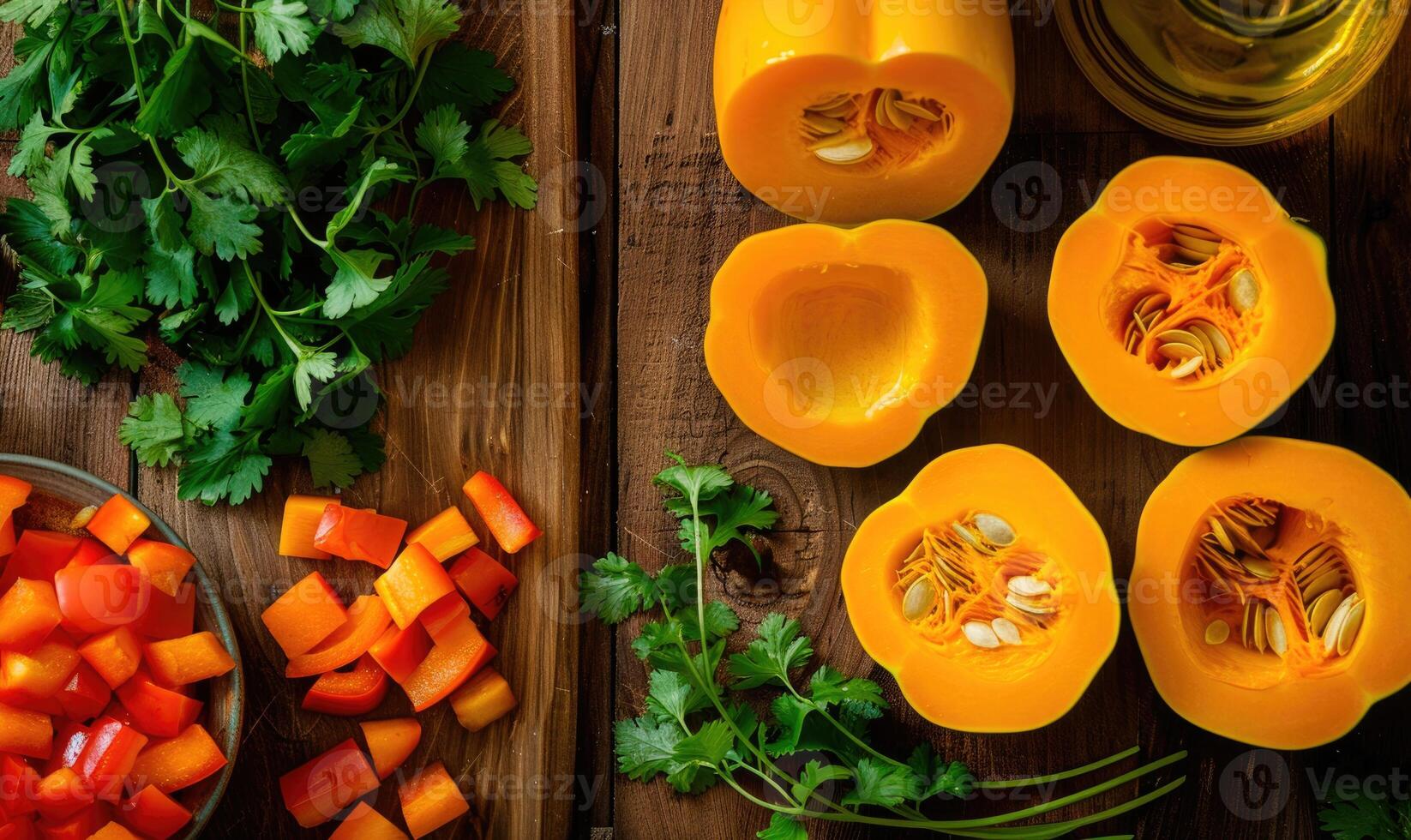 A top-down view of a rustic wooden table with fresh cilantro, halved pumpkin photo