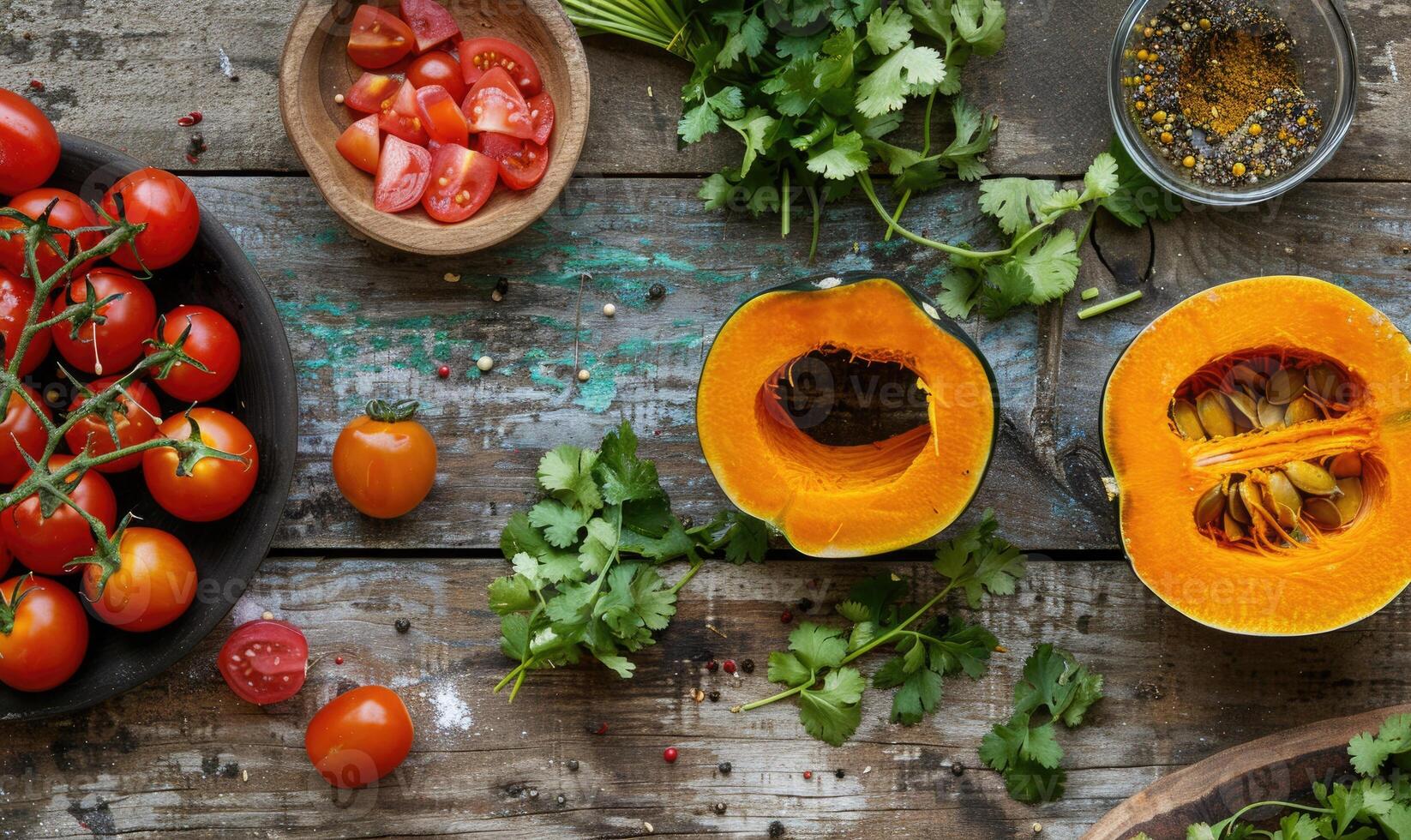 A top-down view of a rustic wooden table with fresh cilantro, halved pumpkin photo