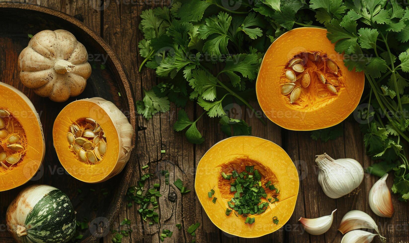 A top-down view of a table with fresh cilantro, halved pumpkin, garlic cloves, and a selection of herbs photo