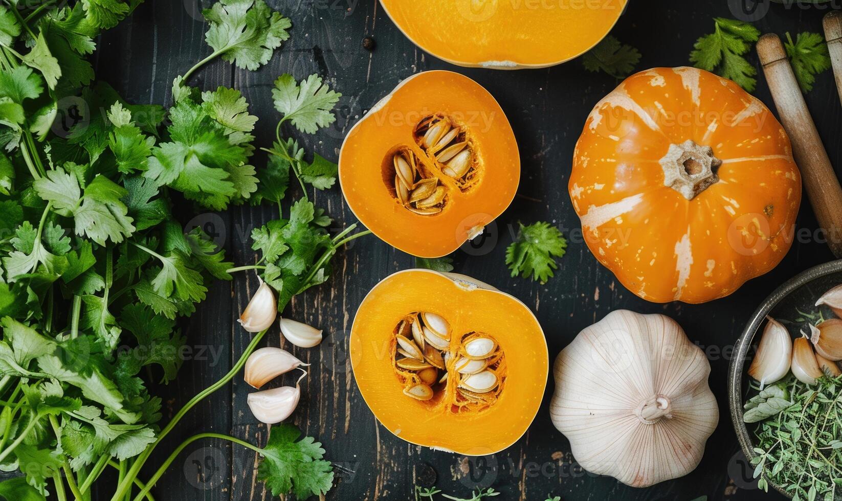 A top-down view of a table with fresh cilantro, halved pumpkin, garlic cloves, and a selection of herbs photo