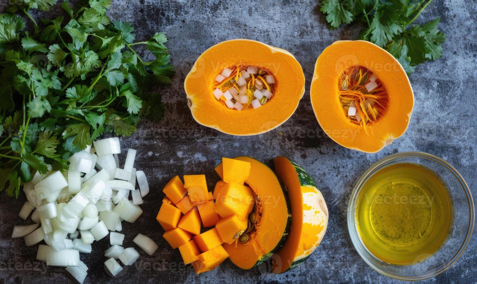 A top-down view of a table with fresh cilantro, halved pumpkin, garlic cloves, and a selection of herbs photo