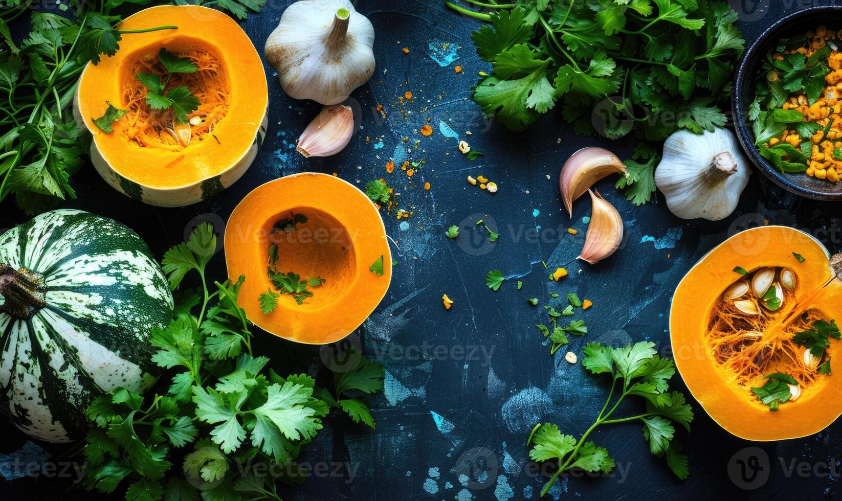 A top-down view of a table with fresh cilantro, halved pumpkin, garlic cloves, and a selection of herbs photo