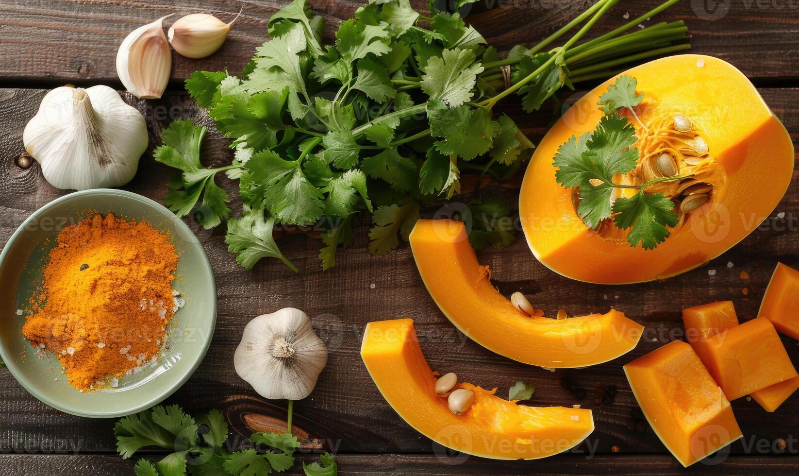 A top-down view of a table with fresh cilantro, pumpkin wedges, minced garlic photo