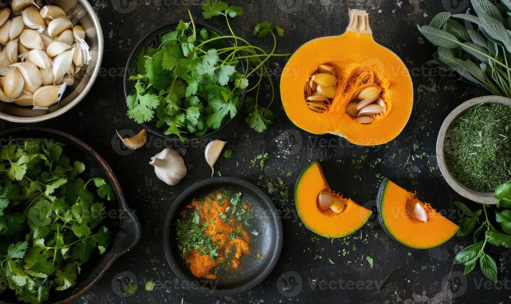 A top-down view of a table with fresh cilantro, pumpkin wedges, minced garlic photo