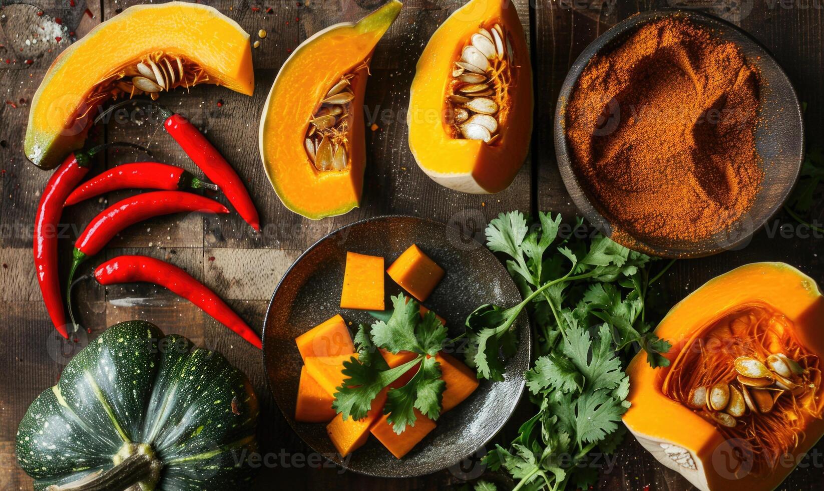 A top-down view of a table with fresh cilantro, pumpkin wedges, red chili peppers photo