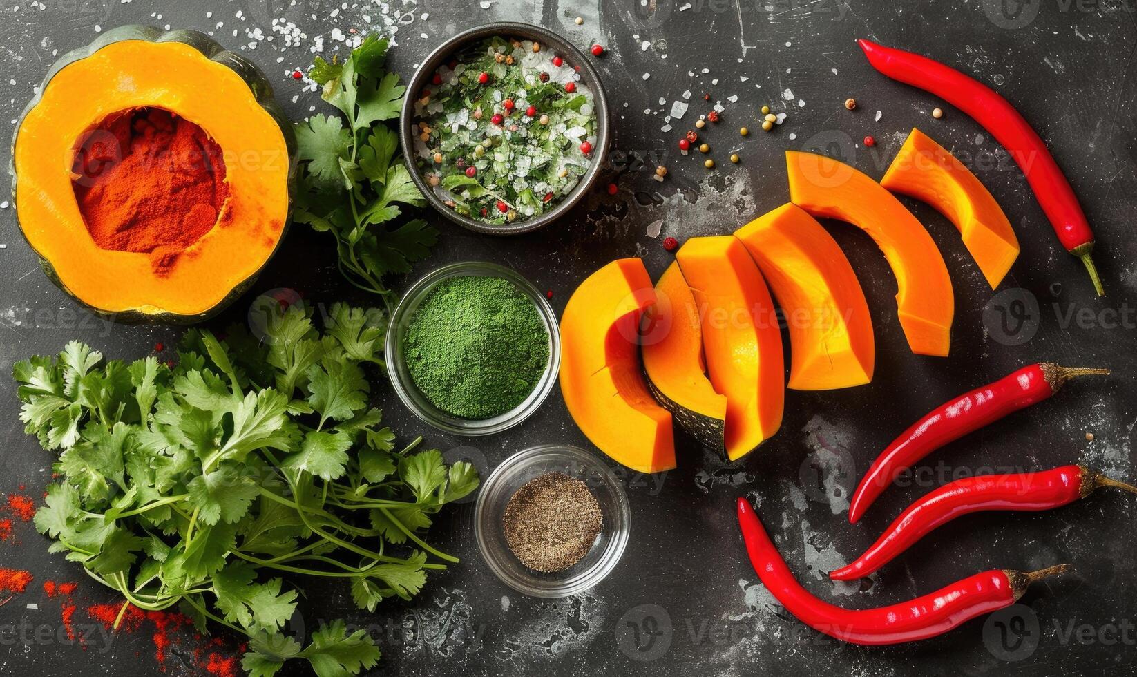 A top-down view of a table with fresh cilantro, pumpkin wedges, red chili peppers photo