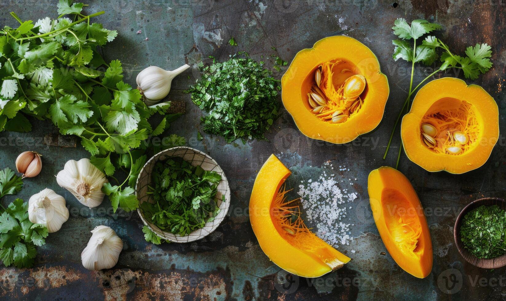 A top-down view of a table with fresh cilantro, pumpkin wedges, minced garlic, and a bowl of herbs photo