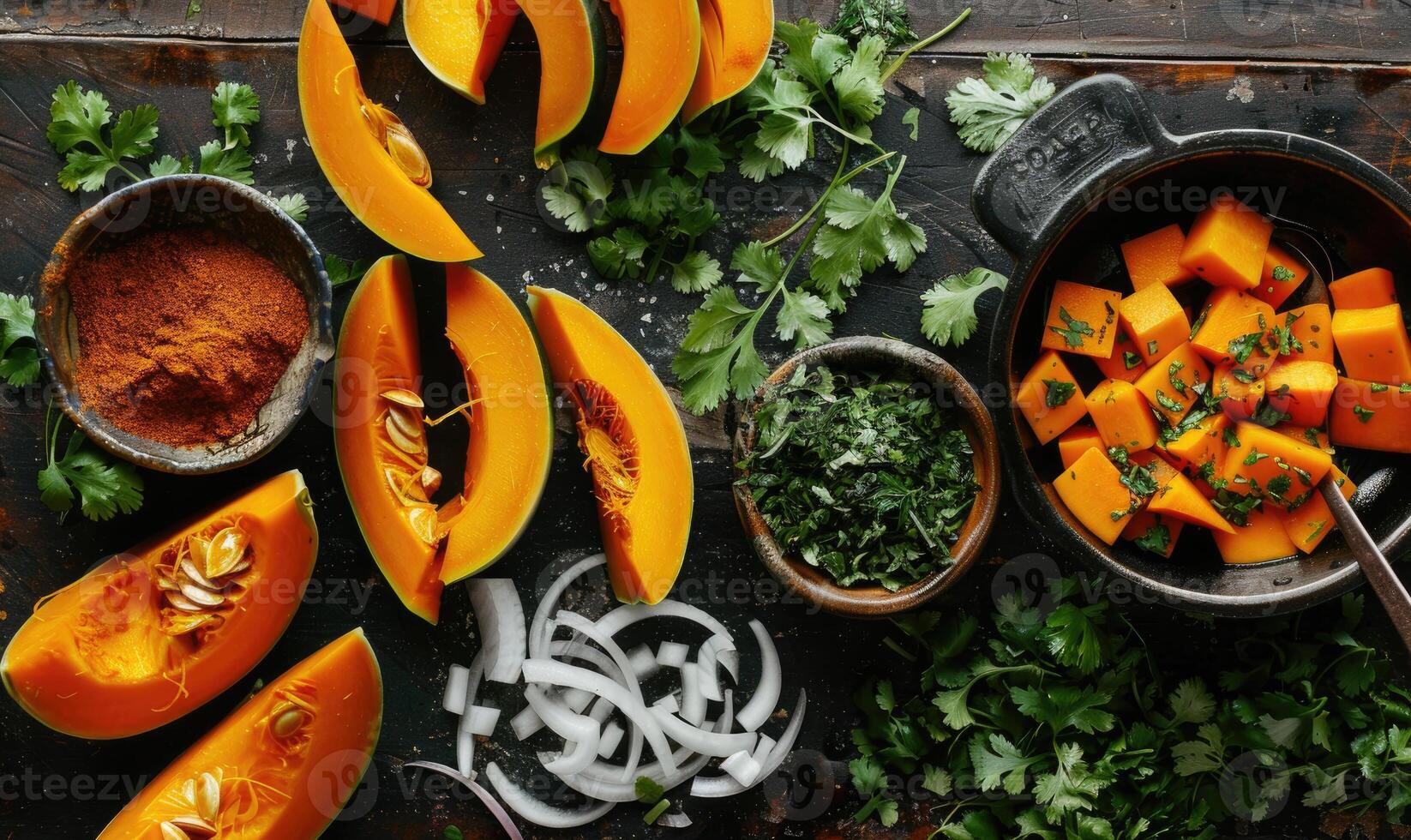 A top-down view of a table with fresh cilantro, pumpkin wedges, minced garlic, and a bowl of herbs photo