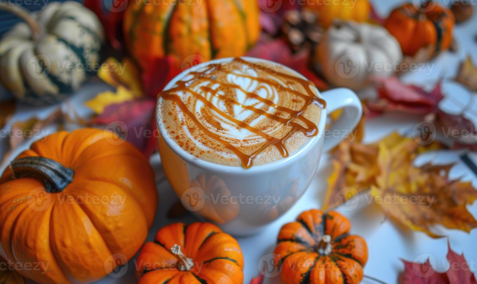 A pumpkin spice latte with a drizzle of caramel photo